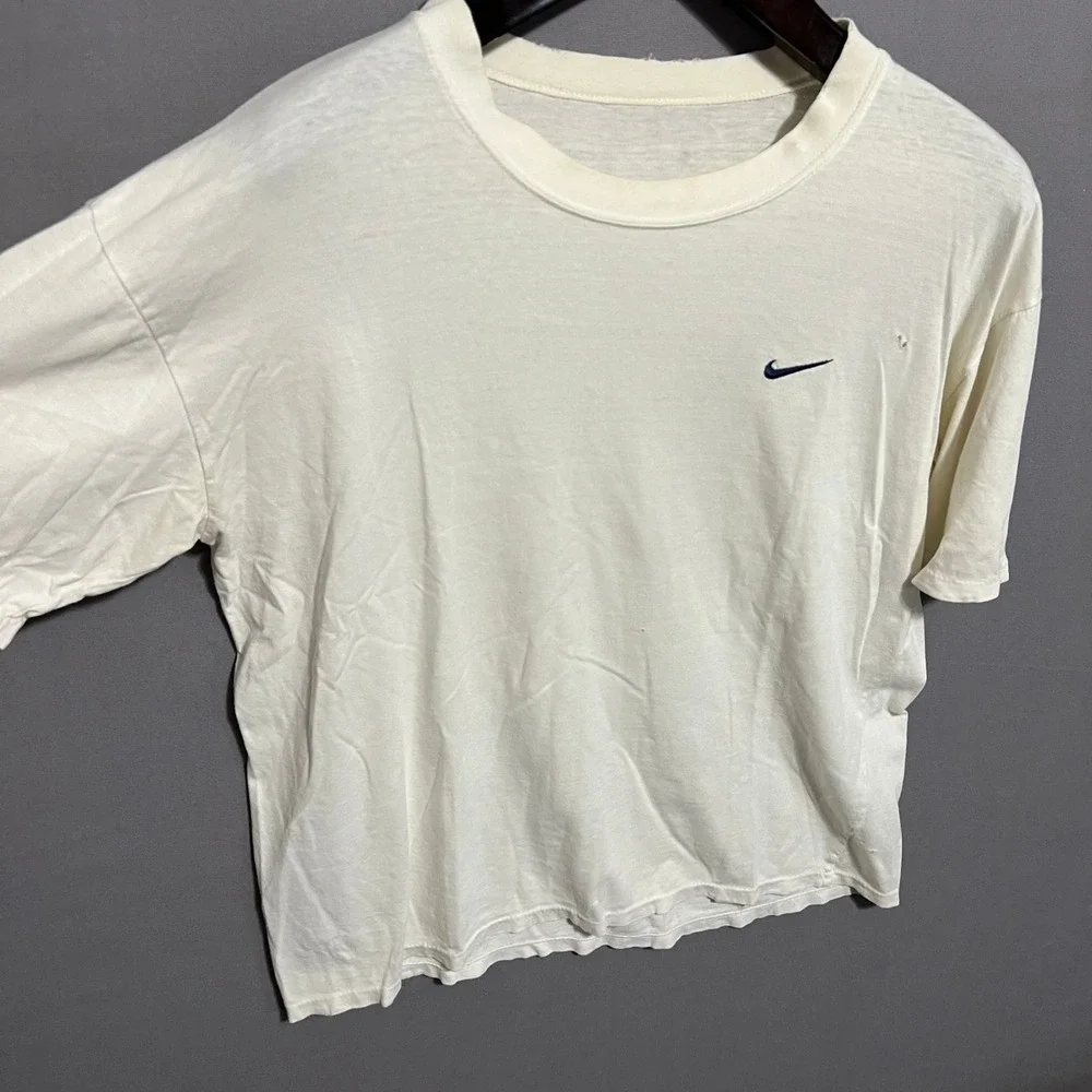 Vintage Nike Mini Swoosh T-Shirt Single Stitch Made in USA Cream Off-White Mens